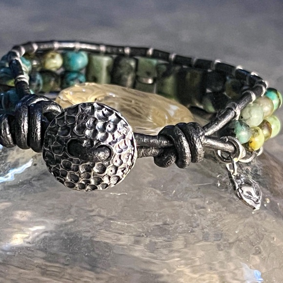 Natural Turquoise Leather Wrap Bracelet Sterling Tiny Heart Charm- Adjustable - Picture 5 of 8